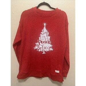 Comfy Terry Christmas Pullover Red Joy Love‎ Peace Believe Holiday Top